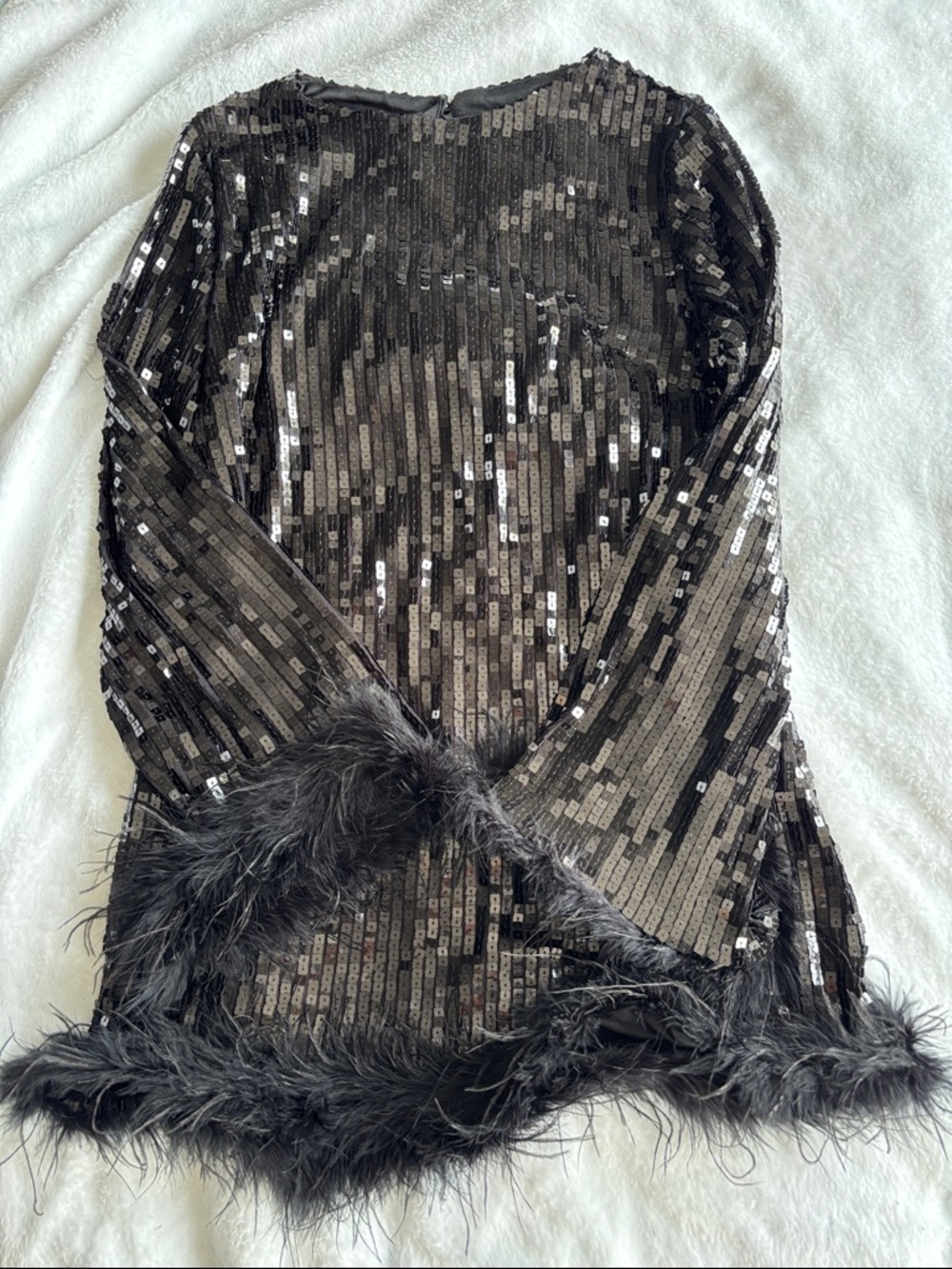 Black Sequin Feather-Trim Long Sleeve Mini Dress